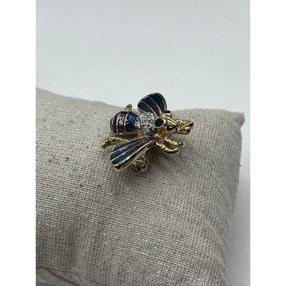 Bumble Bee Multicolor‎ Blue Purple Enamel Gold Tone Brooch